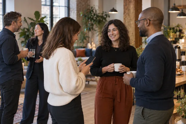 Guests at a business event talk while one participant uses a phone