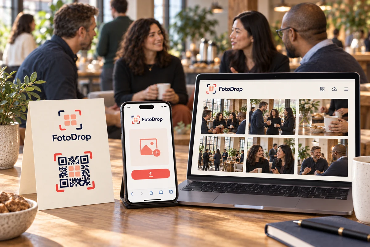 Illustrative business meeting photo with a phone, laptop, and FotoDrop sign